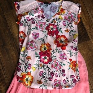 OUTFIT! Express Floral Silky Top & LOFT Pink Skirt